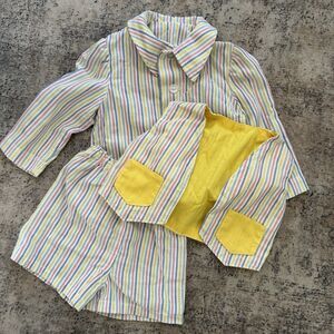 Vtg 90s Striped Baby Outfit‎ Shorts Vest Button Up Shirt Handmade